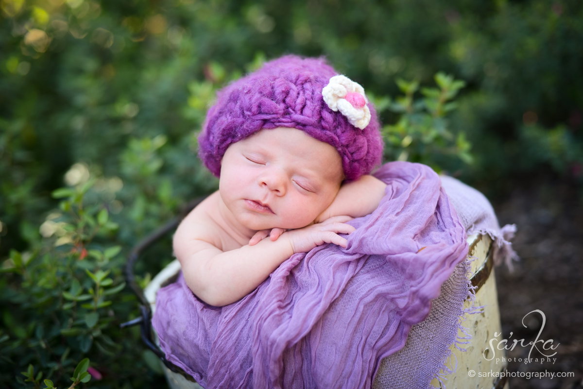 newborn baby girl sleeping in a vintage wood bucket photographed by Santa Barbara newborn photographer Sarka Photography Studio