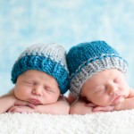 newborn twin boys sleeping wearing blue hand knitted baby hat photographed by San Francisco Bay Area and Santa Barbara baby photographer Sarka Photography