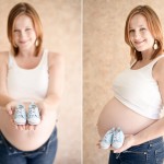 pregnant woman with baby boy shoes in her hands photographed by Santa Barbara and San Francisco Bay area photographer Sarka Photography
