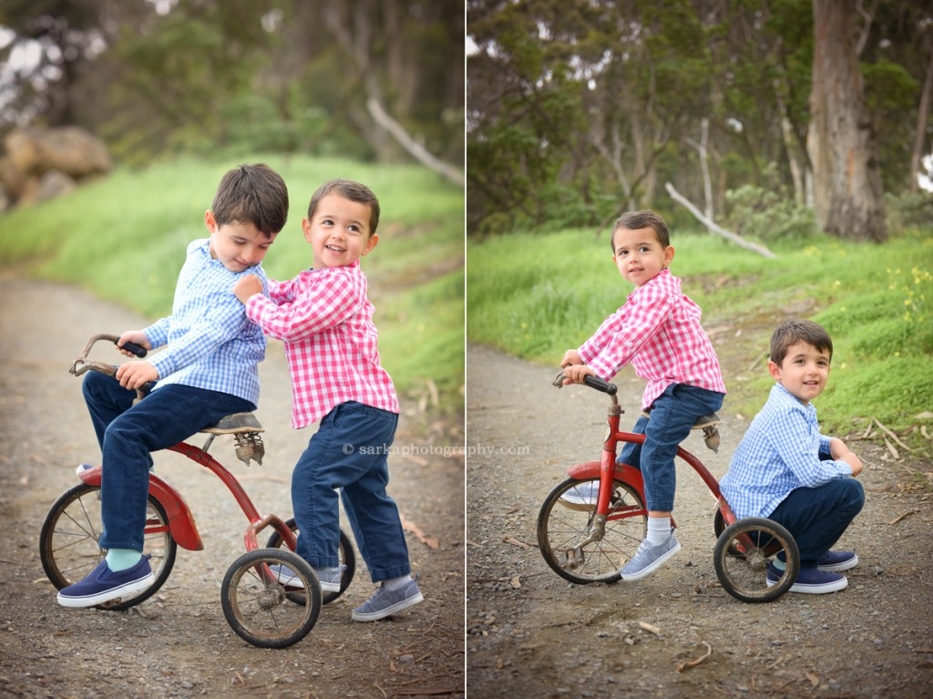 two brother riding a vintage tricycle photographed by San Mateo Bay area and Santa Barbara family photographer Sarka