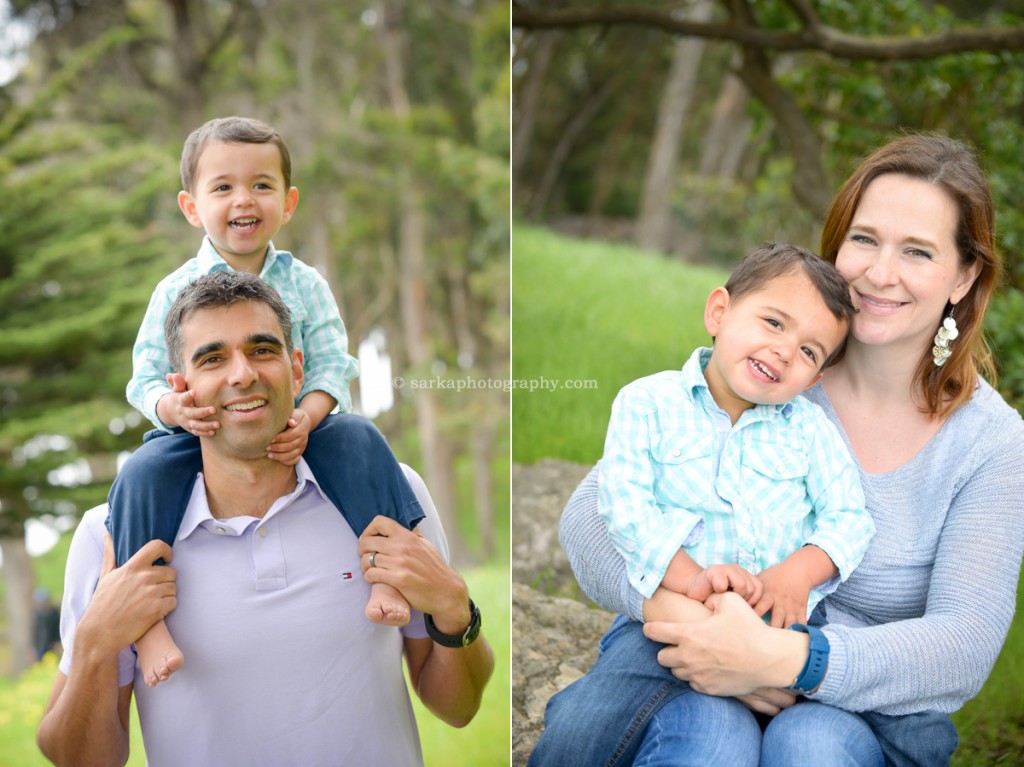 parents holding their toddler son during their family photo session in San Mateo local park