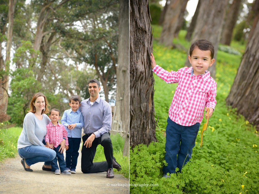 two your old boy standing in a park and a young family during their family portrait session in San Mateo and San Francisco Bay area photographed by family photographer Sarka photography