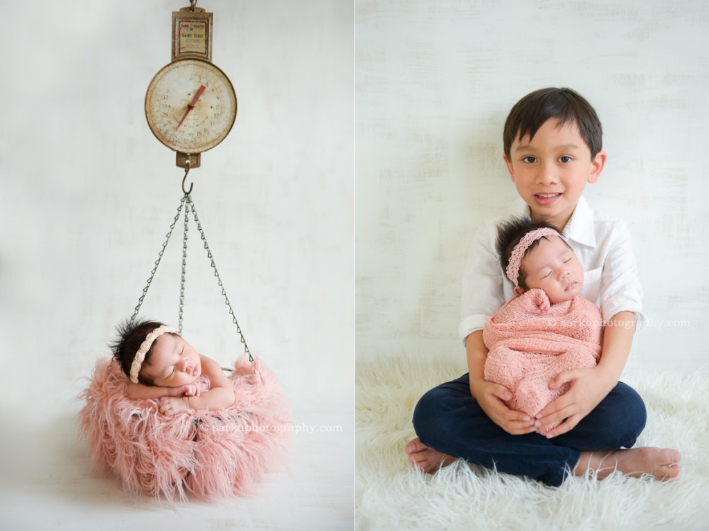 newborn baby girl sleeping in a vintage scale and in her brothers lap photographed by Santa Barbara and San Francisco Bay area photographer Sarka