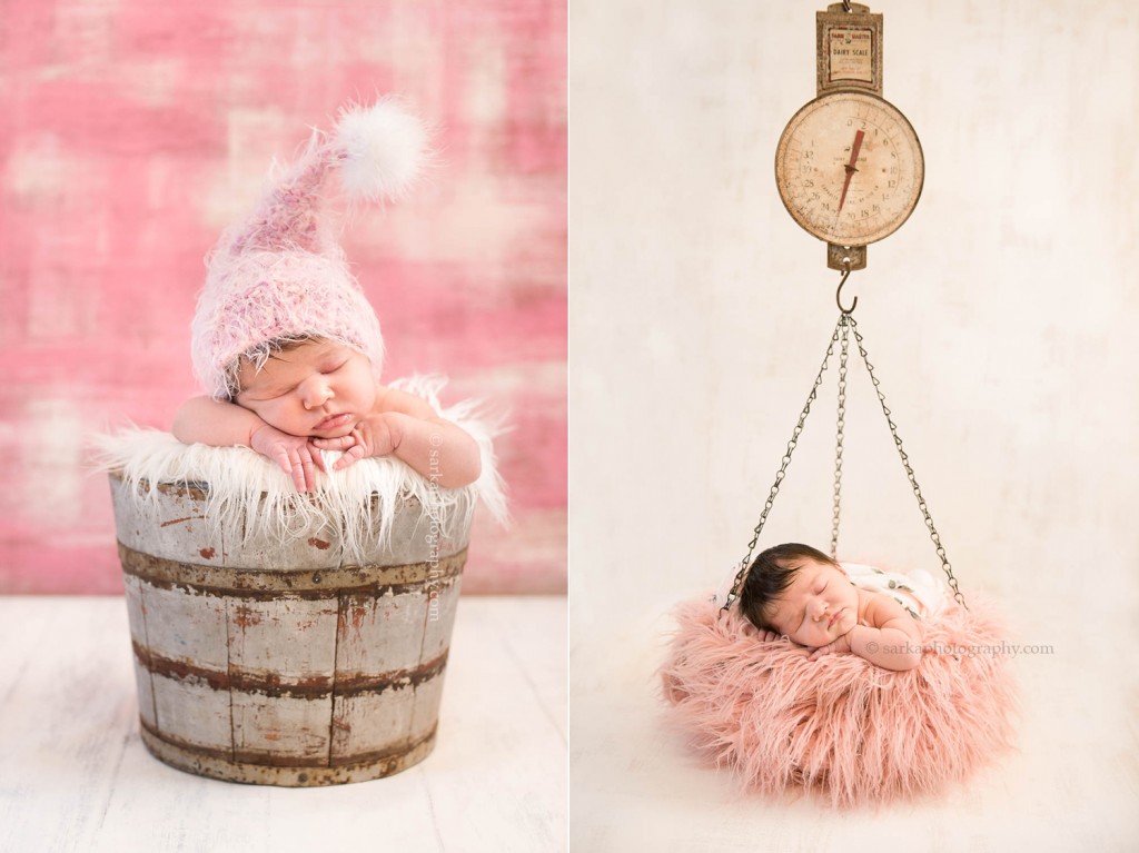newborn baby girl sleeping in a vintage bucket and a hanging scale photographed by Santa Barbara newborn photographer sarkaphotography