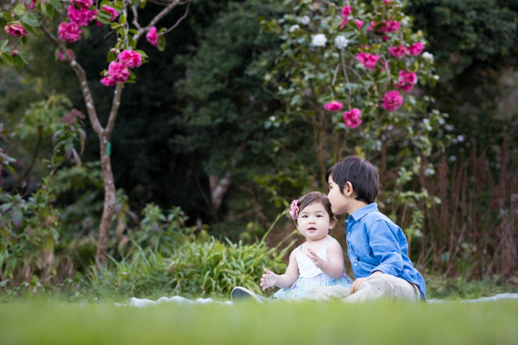 one year old baby girl kissed by her older brother in the park photographed by San Francisco children and family photographer sarkaphotography