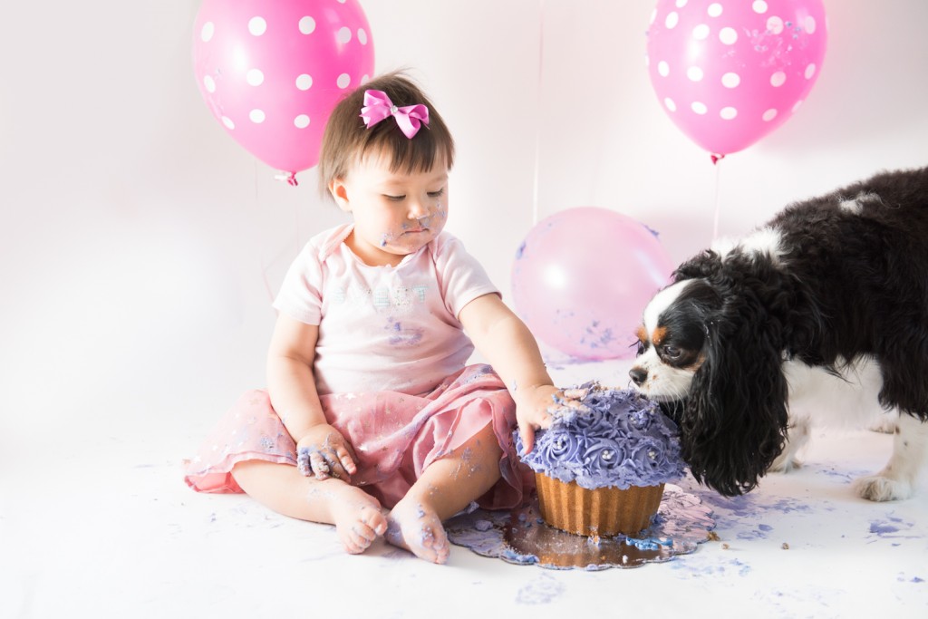 one your old baby girl and her dog during cake smash photo session by San Jose, Bay area and Santa Barbara baby photographer sarkaphotography