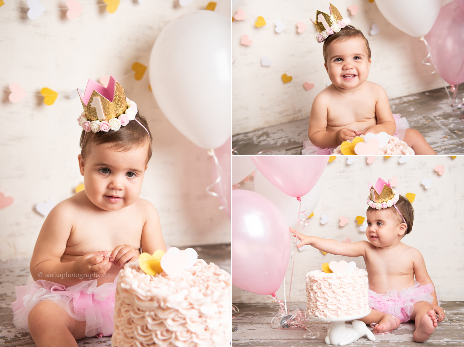 baby girl Aria enjoying her cake during her one year old cake smash photo session by sarkaphotography in Santa Barbara