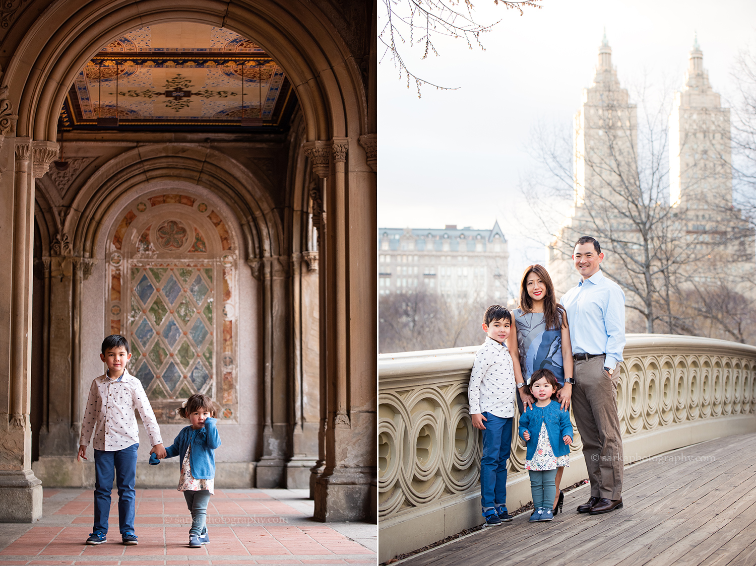 family with young children posing during their family photo session in Central Park New York