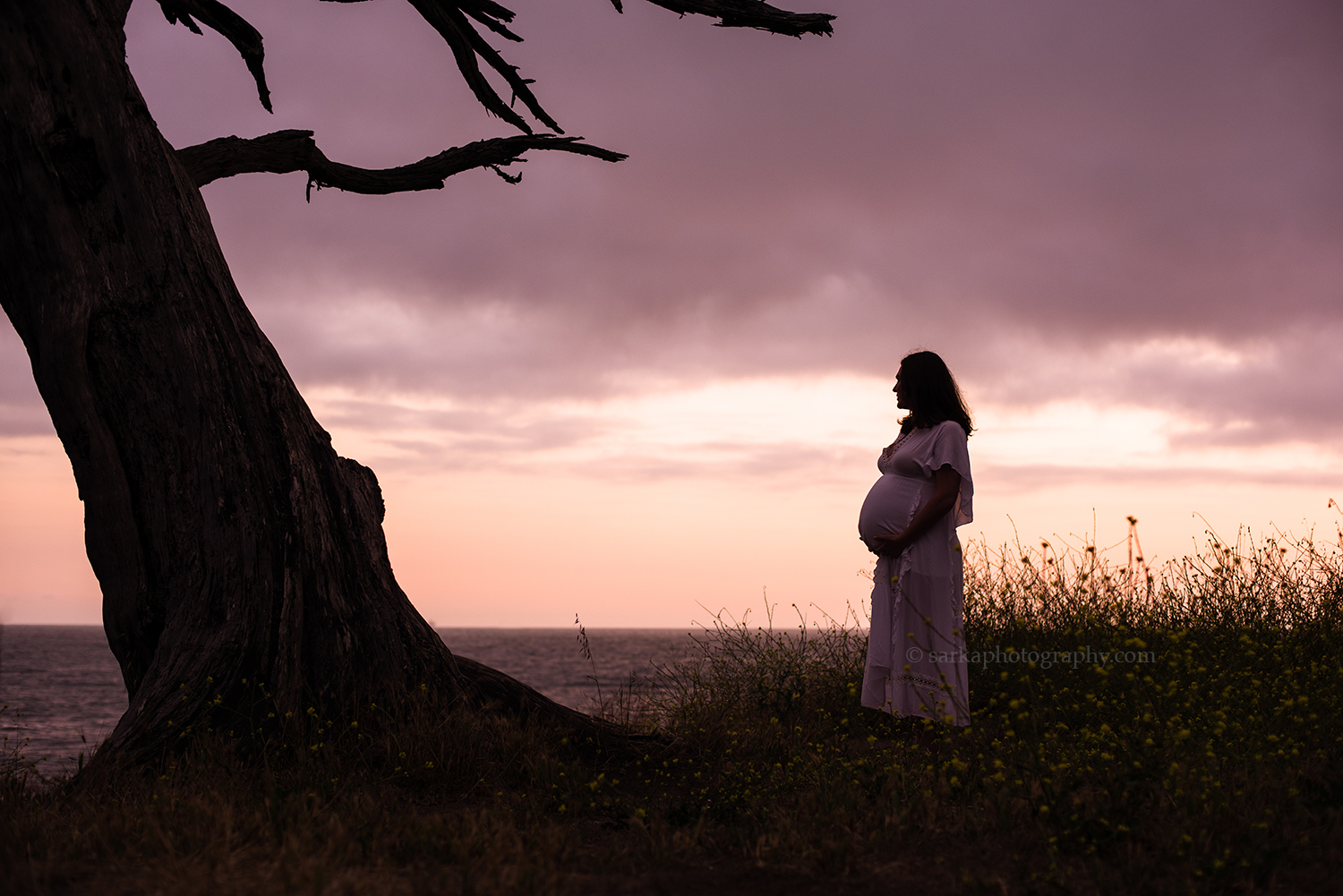 expecting mom and her baby bump highlighted silhouette on the bluffs overlooking the ocean in Santa Barbara county