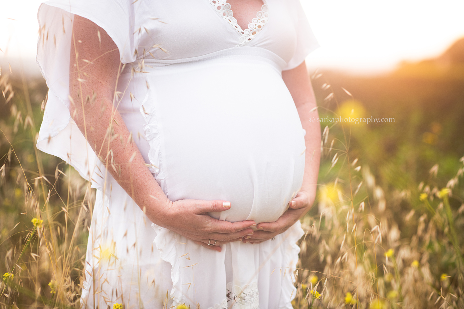 baby bump in sunny grass field 