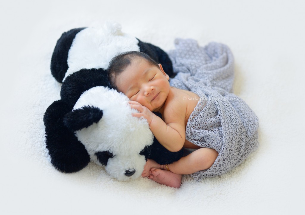 newborn baby boy snuggling with panda bear photographed by San Francisco East Bay Area baby photographer Sarka Photography